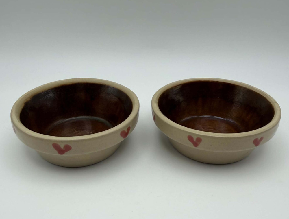 Vintage Miniature Stoneware Pottery Bowls Set of 2 Stackable Dishes Pink Hearts